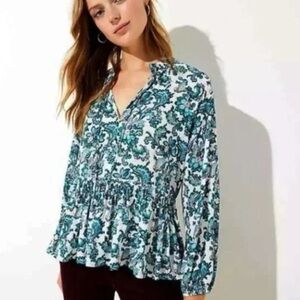 LOFT Teal Paisley Floral Ruffle Blouse | Boho Romantic Cottagecore | Size XXL